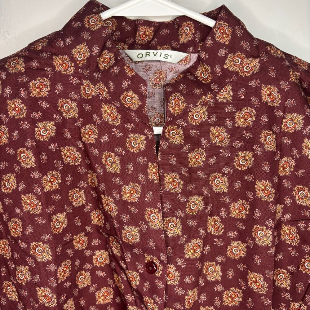 ORVIS Collarless Button Up Blouse Women's 8 Long Sleeve Round Hem